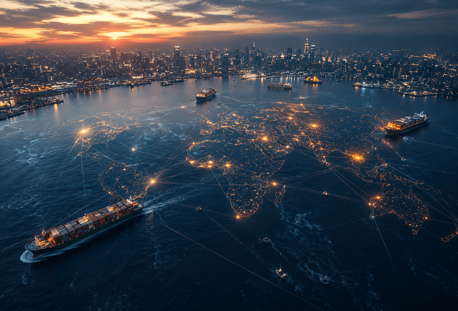 A connected global economy represented across sea, cities, and infrastructure